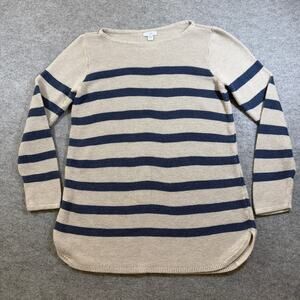 J Jill Sweater Womens S Petite Tan Navy Stripe Boatneck Cotton Breton Casual